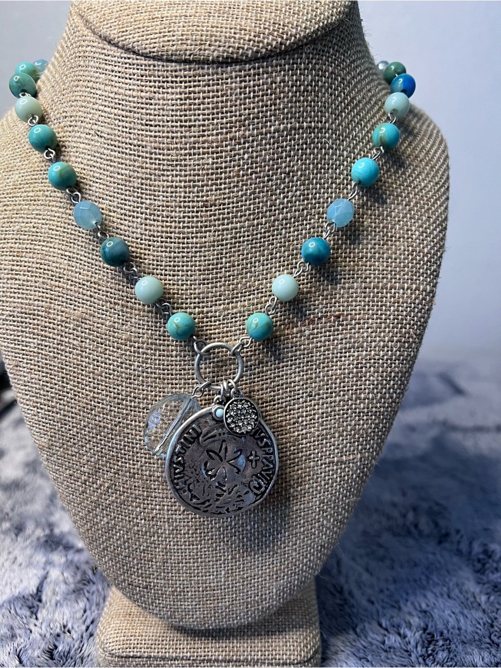 Lane Bryant Turquoise Bead Silver Coin Charm Necklace 36in